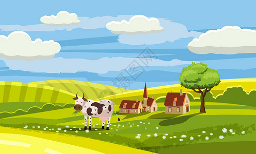 可爱的乡村景观牛牧农场鲜花牧场卡通风背景图片