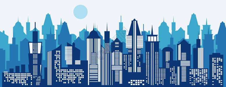 城市景观背景天际线剪影现代建筑蓝色的城市景观与大都市摩天大楼全景的水平建筑图标背景图片