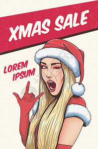 波普艺术圣诞感女人在圣诞老人帽子张开嘴巴波普艺术复古漫画风格的图片