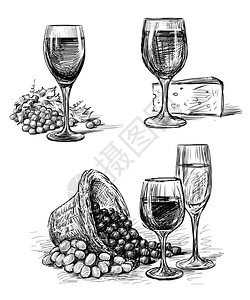 葡萄酒杯与葡萄和奶酪的手绘图图片