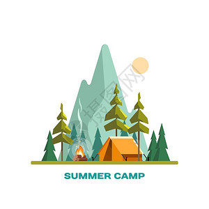 夏令营以黄色帐篷篝火森林和山脉为背景的观露营自然探险度假图片