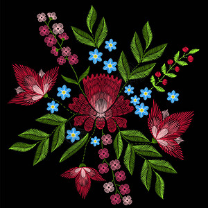 皮具缝纫粉红色花朵的刺绣缝纫插画