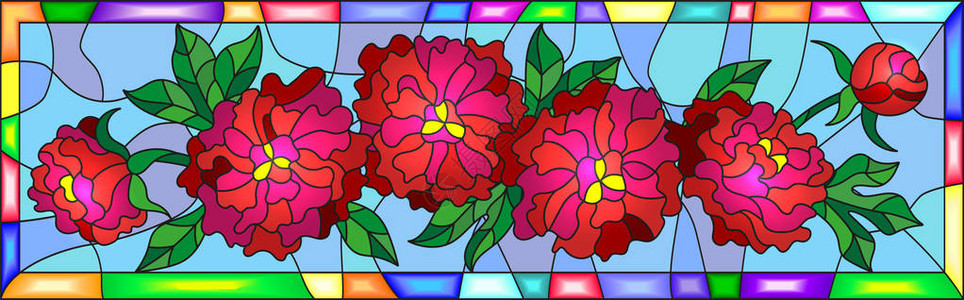 蓝色背景上红牡丹花芽和叶的彩色玻璃风格插图图片