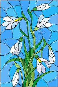 使用蓝色背景的白雪滴花束彩色玻璃风格插文图片