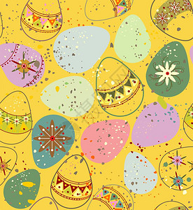 粉红色紫色黄色绿色米色和红色的装饰复活节彩蛋在黄色背景上呈图片