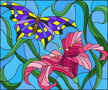 以彩色玻璃风格用明亮的蝴蝶对着天空树叶和莉图片