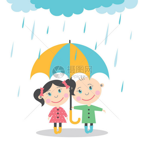 男孩和女孩站在雨伞下的雨图片