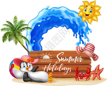 带有木牌和快乐企鹅的暑假矢量插图图片