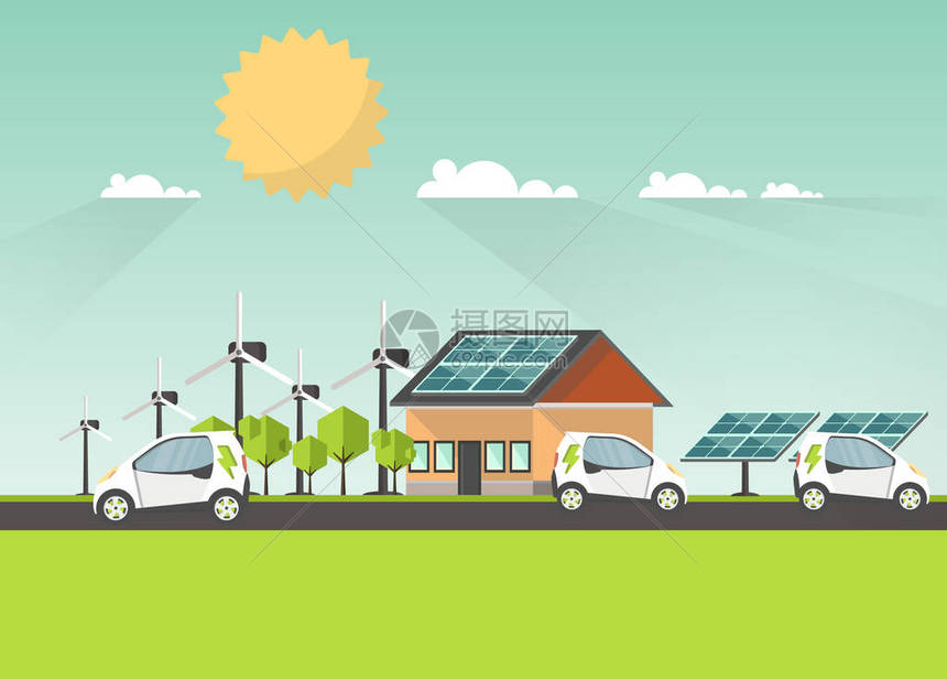 太阳能宣传小册子模板有太阳能电池板的房屋和电动汽车图片