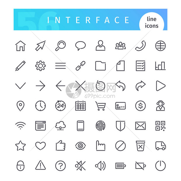 一套适合网络信息图和应用程序的56个界面线图标图片