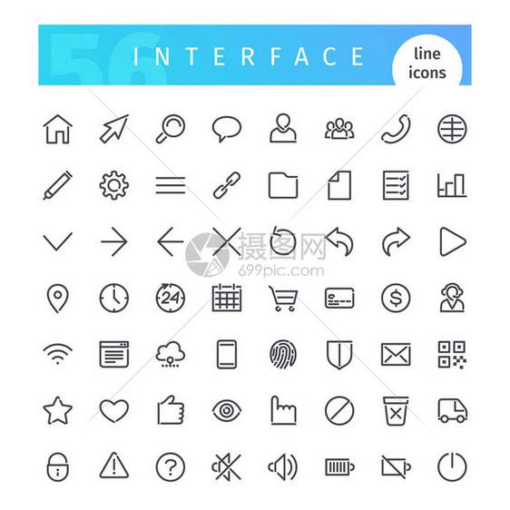 一套适合网络信息图和应用程序的56个界面线图标图片