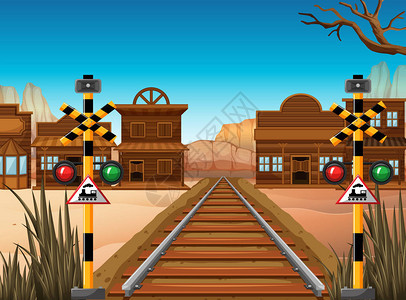 西部小镇插画中的铁路场景图片