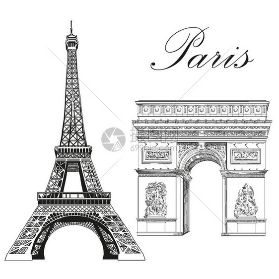 Eiffel塔和TriumphalArch法国巴黎Landmarks矢量用白色背景的黑颜色图片