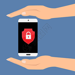 双手保护智能手机与屏幕上的屏蔽键锁矢量图客户服务图片