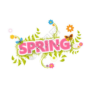 春天矢量设计春天用鲜花和绿色灌木刻字图片