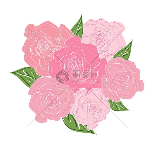 六朵精致的玫瑰与叶子的花束婚礼花束图片