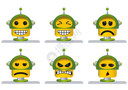 黄色小清新六张黄色绿的机器人脸悲哀愤怒和疲插画