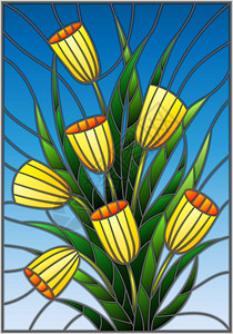 以彩色玻璃风格用蓝色背景的黄色郁金香花束来显示图片