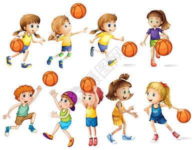 女孩和男孩打篮球插图图片
