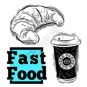 手绘素描咖啡和羊角面包快餐厅或咖啡厅菜单的插图背景图片