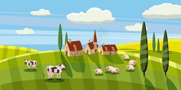 美丽的乡村景观牛牧农场鲜花牧场卡通风背景图片