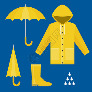 雨衣橡皮靴露天和紧贴伞雨滴一套以平板设计背景图片
