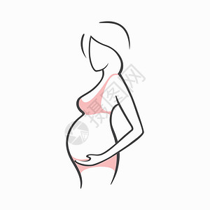 在粉红色的衣服中绘制线美丽怀孕的女孩一个孩子的出生用于设计的绘制轮廓的图片