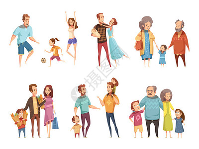 由祖父母祖父母和儿童的孤立矢量插图组成的图片