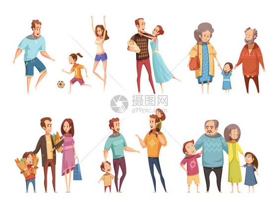 由祖父母祖父母和儿童的孤立矢量插图组成的图片