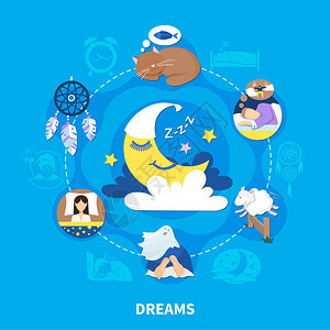 睡眠猫和新月半假背景海报矢量插图显示的夜梦平板图片