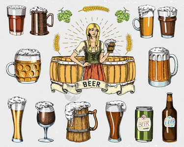 啤酒杯子或啤酒节瓶刻在墨水手绘旧素描和复古风格的网页聚会或酒吧菜单的邀请在白色背景上隔图片