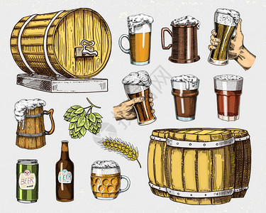 啤酒杯子或瓶子木桶刻在墨水手绘旧素描和复古风格的网页聚会或酒吧菜单的邀请在白色背景上隔图片