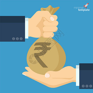 印度卢比矢量图标用于银行储蓄付款和慈善商人的手会给一袋钱info图片