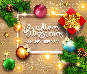 圣诞快乐和新年快乐的矢量插图贺卡上有新年球云杉枝礼物明亮的星和框架中的文字明信片传单祝贺手册的图片