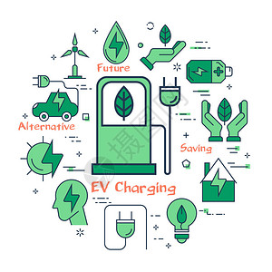 EV充电的矢量直线绿圆概念电动燃料站替代燃料源地球绿色植图片