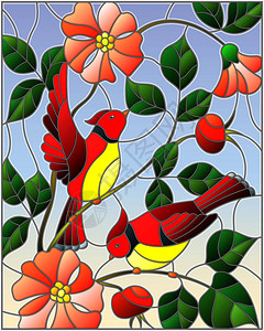 以彩色玻璃风格与两只红鸟在背景天空上盛开的野玫瑰枝插画