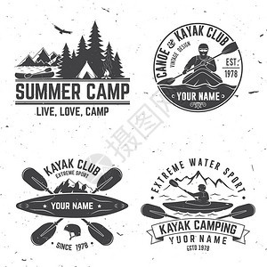 一套皮艇俱乐部徽章矢量插图衬衫印刷品邮票或茶叶的概念山地和Kayaker光环的旧式打字设计背景图片