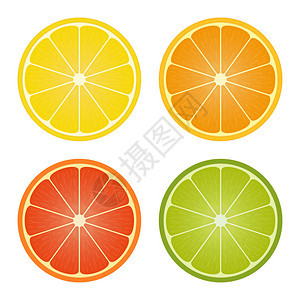 柑橘水果收藏柠檬橙子葡萄汁石灰彩色切片图标集烹饪或餐厅菜单设计模板平式矢量图解背景图片