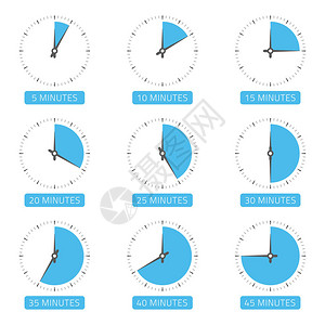 不同时间的钟面在510152025303540和45分钟上设置的计时器图标时间概念可用于信息图矢量插图图片