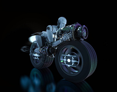 3d渲染机器人以速度骑摩托车图片