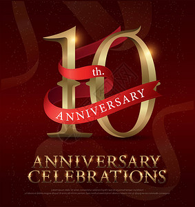 10周年庆祝金徽标红底带红丝带矢量图片