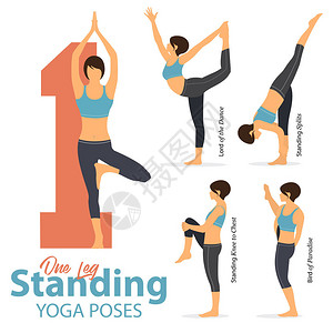 一组瑜伽姿势女人物的信息图5瑜伽单腿站立姿势在平面设计中女人穿着蓝色服和黑色瑜伽裤锻炼图片