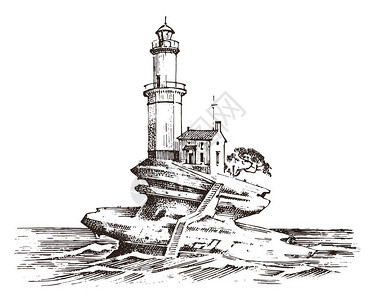 灯塔和大海洋素描航海之旅和海景在海洋中照明雕刻复古图片