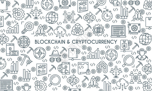 关于主题块链和加密货币的细线设计横幅财务计算机标志图片