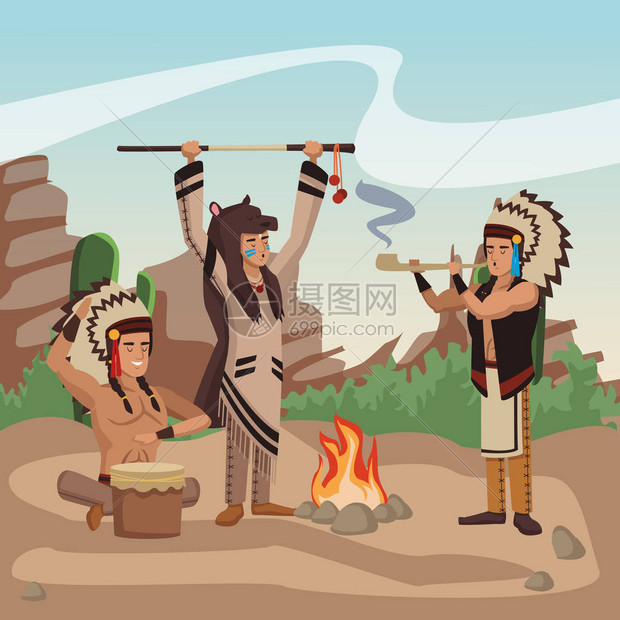 美国印地安部落在乡村卡通漫画矢量图片