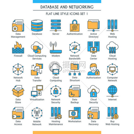 数据库和网络图标集关于主题存储分析组织同步和数据传输的现代图标扁线设计图标图片