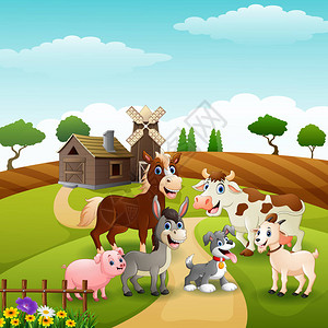 农场背景中快乐动物的矢量图解图片