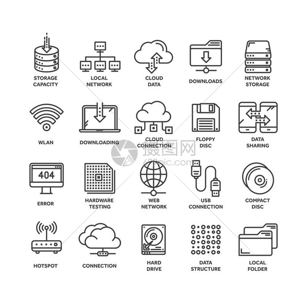 云计算互联网技术在线服务数据信息安全联系细线web图标集大纲图标图片