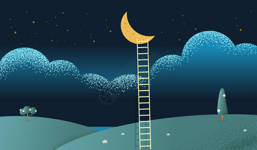 简约办公空间向月球攀登的梯子与夜景上美丽的垂直自然景观框架和空间用于天空背景矢量纹理样式概念图解的文字插画
