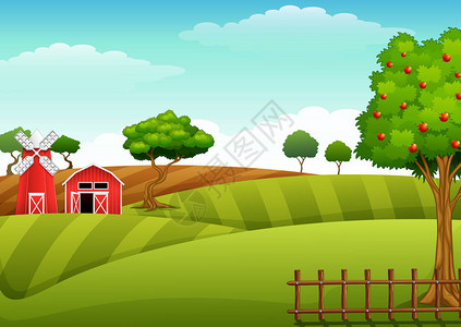 带棚子和红色风车的农场景观插图图片